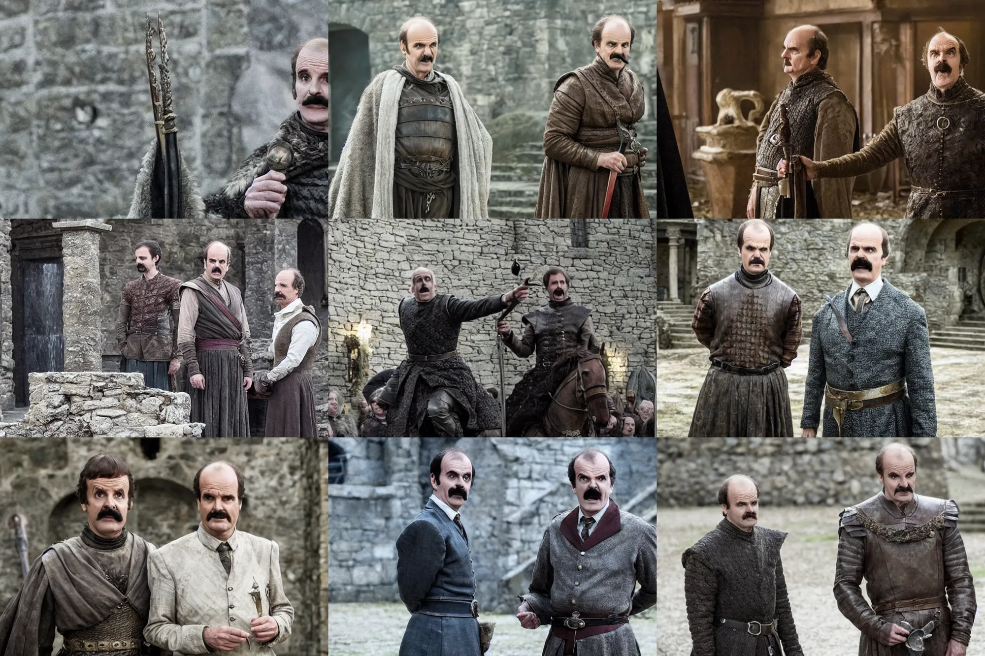Prompt: basil fawlty in game of thrones, still image from the tv series