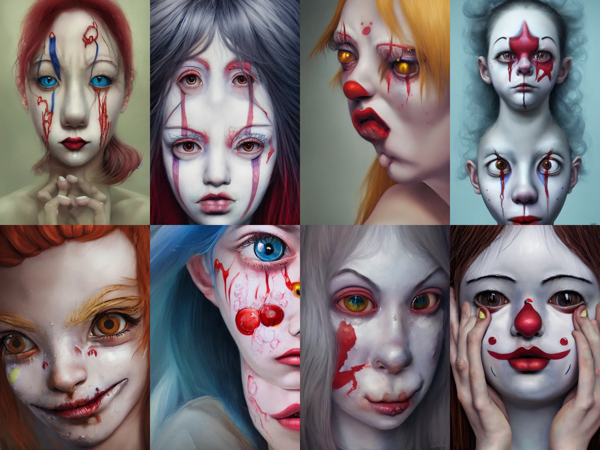 Image similar to detailed painting of clown girl crying, piercing eyes, james jean, miho hirano, hyperrealistic, octane render, ambient light, dynamic lighting