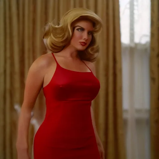 Image similar to donald trump as a hot lady in a red dress, film still, curved body, high quality, 8 k