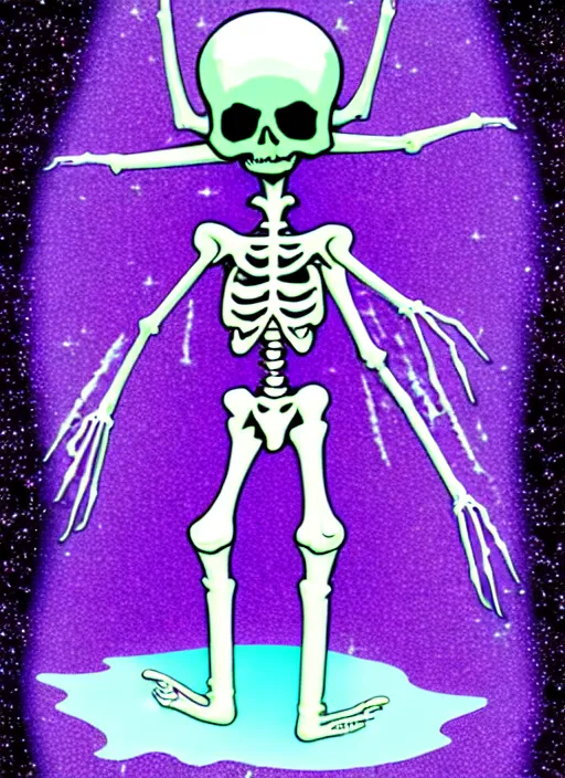 Image similar to a skeletal skinny angel spirit being, covered with pastel glitter glue slime, fashion model pose, full body maximalist cosmic eldritch character design, early computer graphics