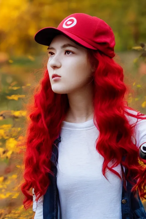 Prompt: a cinematic headshot portrait of a young woman with messy vibrant red hair, pokemon cap, pokeball on her hand, pokemon trainer outfit, grassy autumn park outdoor, ultra realistic, depth, beautiful lighting