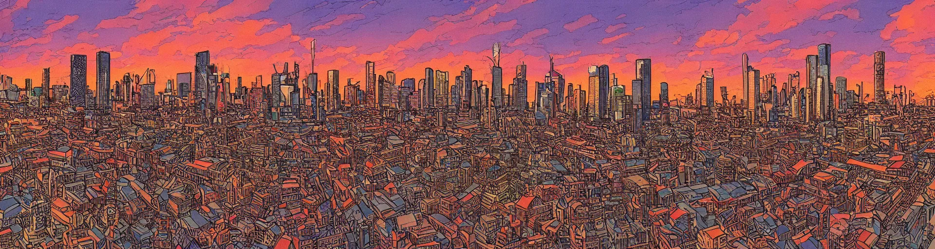 Prompt: Rotterdam Skyline, cartoon style by Jean Giraud, Moebius, intricate detail, sunset, cloudy, highly detailed
