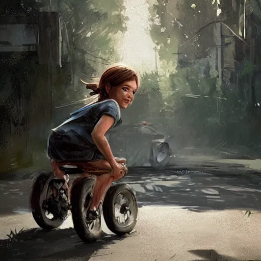 Image similar to portrait of elle from the last of us, riding a tricycle, painted by greg rutkowski, wlop