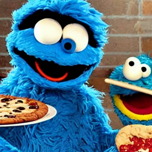 Image similar to Cookie Monster Muppet on Sesame Street eating pizza in secret, happy