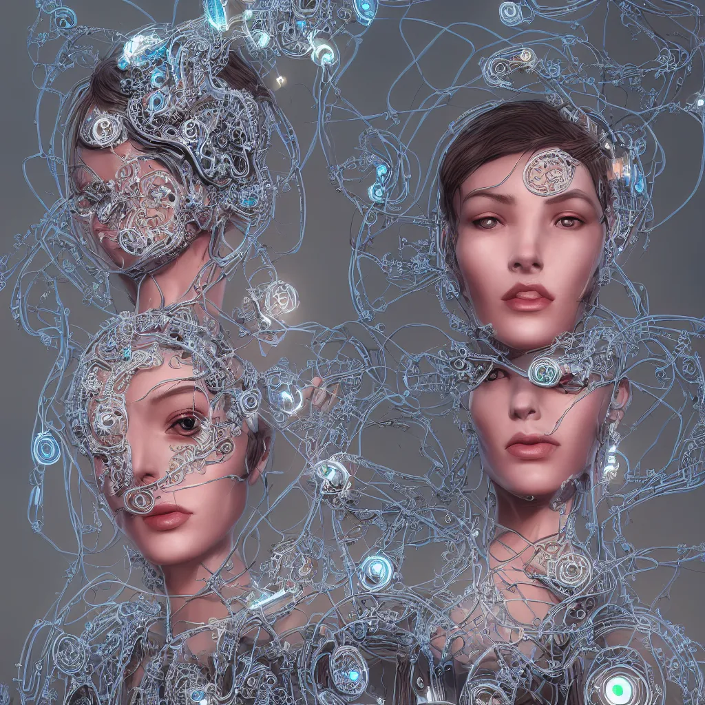 Image similar to very beautiful woman integrating with technology, full face, insipiring, detailed intricate ornate cables connected to head, big open electric eyes, luxurious detailed abundent wiring and implants, diamonds, sci-fi, neon, emeralds, detailed technology full background, highly detailed, artstation, Rene Lalique and Eddie Mendoza