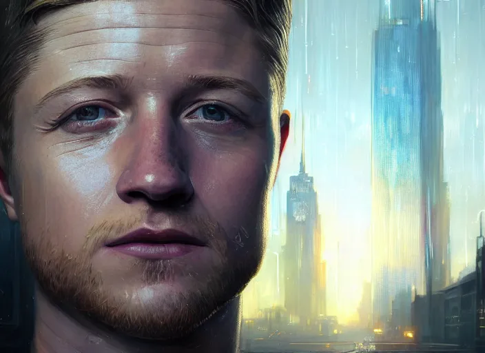 Image similar to highly detailed portrait of ben mckenzie, in detroit : become human, stephen bliss, unreal engine, fantasy art by greg rutkowski, loish, rhads, ferdinand knab, makoto shinkai and lois van baarle, ilya kuvshinov, rossdraws, tom bagshaw, global illumination, radiant light, detailed and intricate environment