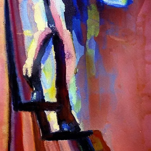 Image similar to very abstract painting of a statue of a figure walking down the stairs, impressionist painting, realistic