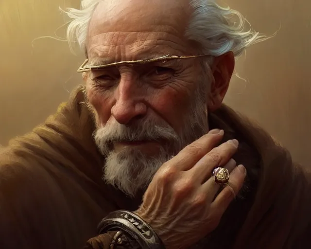 Image similar to old man wearing a ring on each finger, deep focus, d & d, fantasy, intricate, elegant, highly detailed, digital painting, artstation, concept art, matte, sharp focus, illustration, hearthstone, art by artgerm and greg rutkowski and alphonse mucha