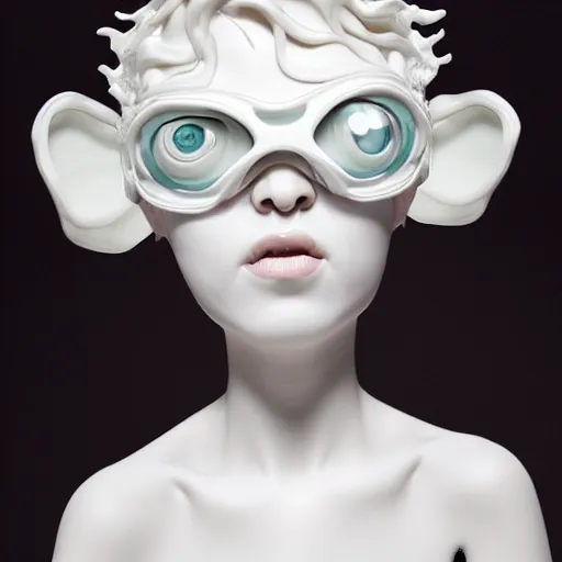 Prompt: full head and shoulders, beautiful female porcelain sculpture with melting white paint 3 d cyborg elements, white prosthetic eyes, 3 d goggles, smooth, all white features on a white background, delicate facial features, white eyes, white lashes, detailed white liquid, anatomical by daniel arsham and james jean