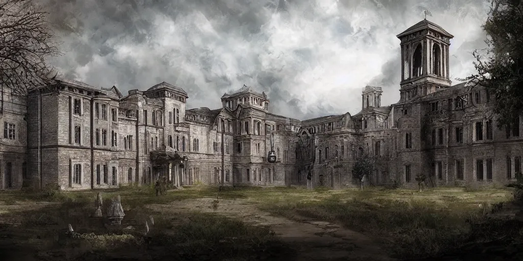 Image similar to Lunatic Asylum, exterior, majestic, detailed, epic scenery, dark fantasy, concept art