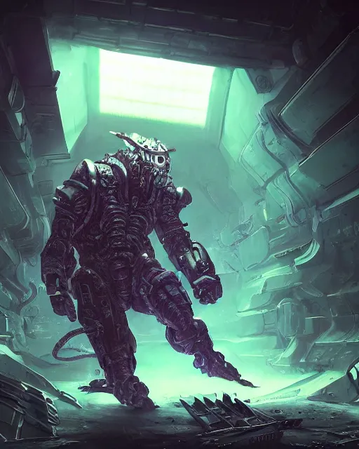 Image similar to Sci-Fi Crocodile alien, armored, big, art by Kashin, Wadim, Martinière, Stephan, Anton Fadeev, holding rifle, sharp focus, pitch black cursed evil Spaceship hallway, dark light, soft purple glow, heroic pose, sci-fi artwork, octane render, dead space artwork, cyberpunk, vivid colors, occult, magical, volumetric lighting, 8k high definition, highly detailed, trending on art Station, centered, by Greg Rutkovski, sci-fi artwork, arnold render