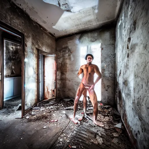 Prompt: flash _ photography _ of _ a _ male _ meat _ creatur e _ inside _ a _ abandoned _ house - n