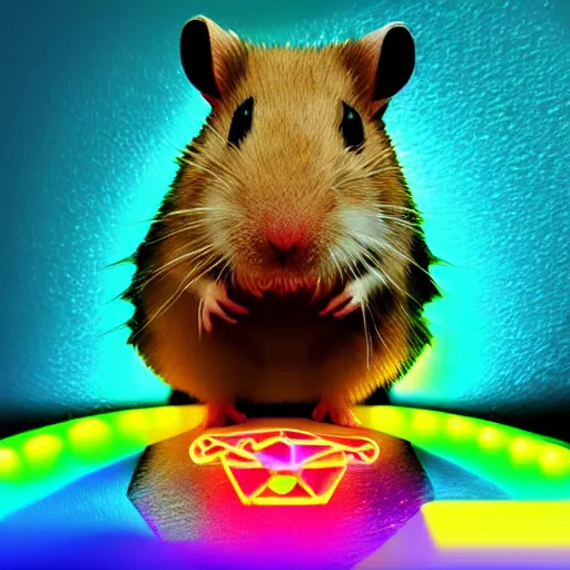 Image similar to cyberpunk hamster made of glowing neon lights holding a rainbow gem crystal, light reflection, 8 k, hd, logo