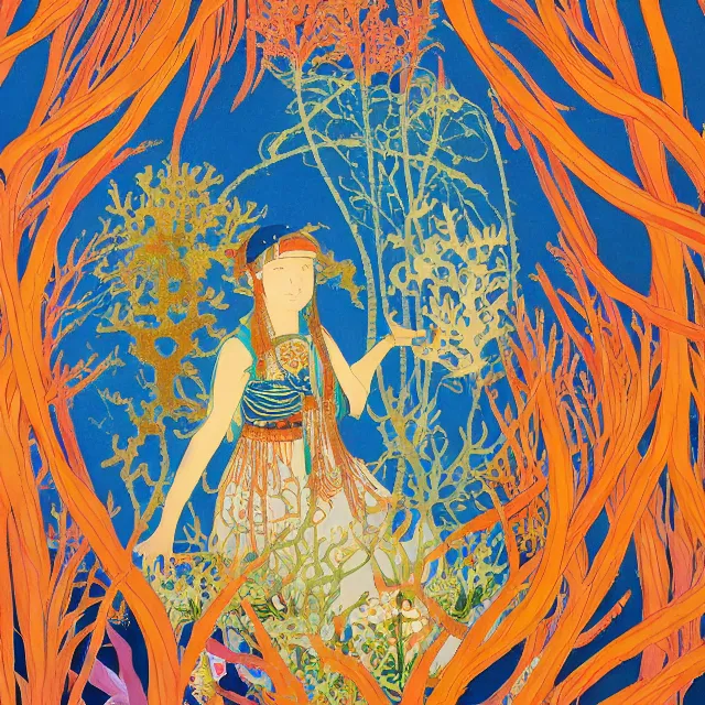 Image similar to the lone priestess of the anemone reef. this gouache and gold leaf work by the award - winning mangaka has beautiful color contrasts.