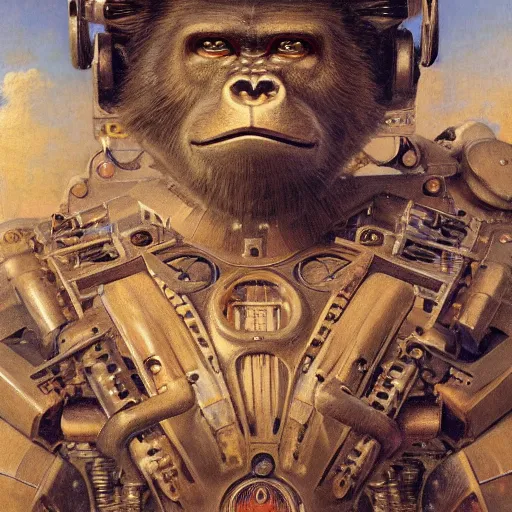 Image similar to highly detailed painting of a robotic humanoid gorilla mecha, painting by gaston bussiere, craig mullins, j. c. leyendecker, lights, art by ernst haeckel, john william godward, hammershøi, alex grey, dmt, symmetric, masterpiece details, hyper - detailed, hd, hdr, 4 k, 8 k