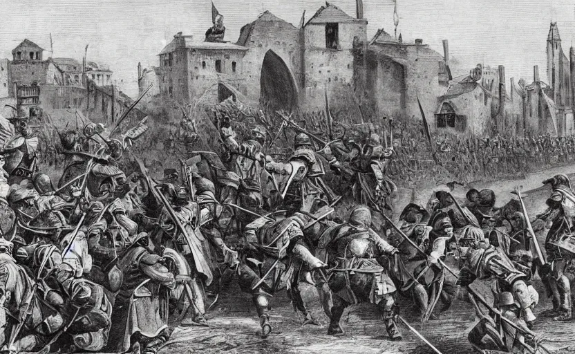 Prompt: a few italian brigands ambushed by papal state troops on a bridge