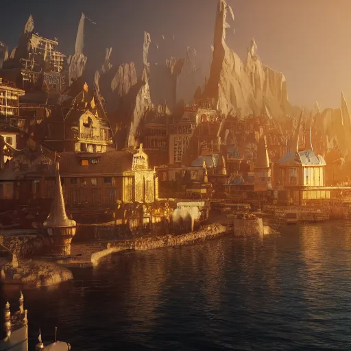 Image similar to a golden fantasy luxurious city with cerulean oceansides, scandinavian / norse influenced, cinematic, ray traced, octane render, cinematic lighting, ultrarealistic, featured on artstation, 8 k uhd artwork