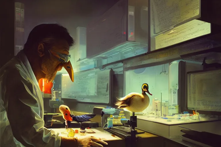 Image similar to A mixed media painting of a scientist duck working in a pcr and microbiology lab, by Frank Frazetta, Greg Rutkowski, Beeple, kawaii, post-processing, low angle, masterpiece, cinematic, isometric, volumetric lighting