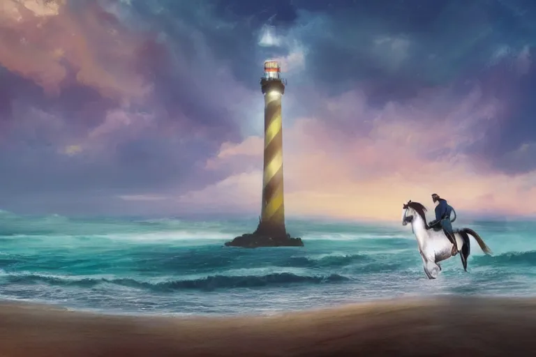 Image similar to photo of man riding a horse along the beach, glowing underwater waves toward a lighthouse in the distance guiding his way, silhouette, wide horizon, large white clouds, night, intricate, elegant, highly detailed, digital painting, artstation, concept art, smooth, sharp focus, illustration, art by artgerm and greg rutkowski and fra angelico