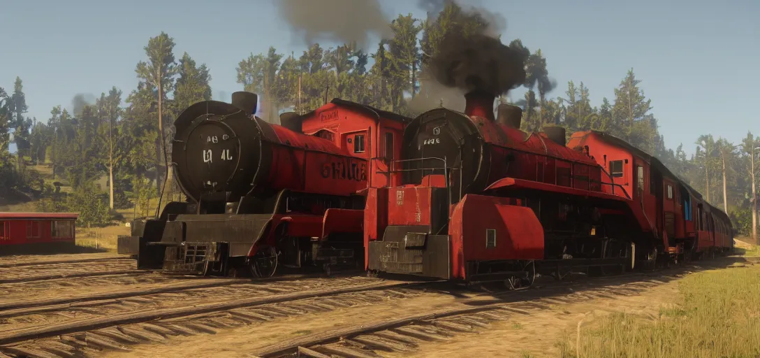 Image similar to A train in red dead redemption 2, screenshot, high quality image, widescreen, in-game engine, 8k, octane render