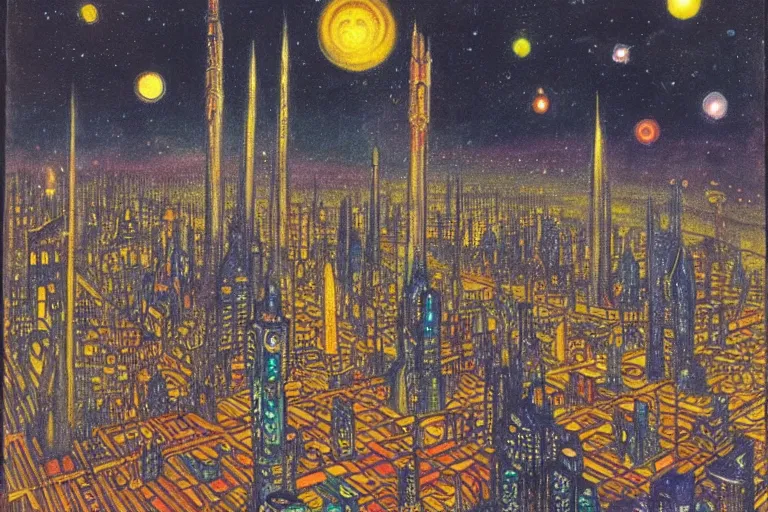 Image similar to a scifi illustration, Night City on Coruscant by Louis Wain (1920)