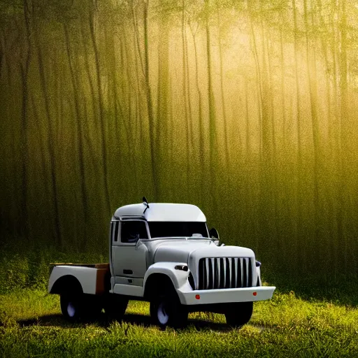 Prompt: close - up of a lonely huge painted truck in a lush forest clearing, mist over the grass, god rays coming from the right, dawn, hyperrealistic, bokeh, 8 k