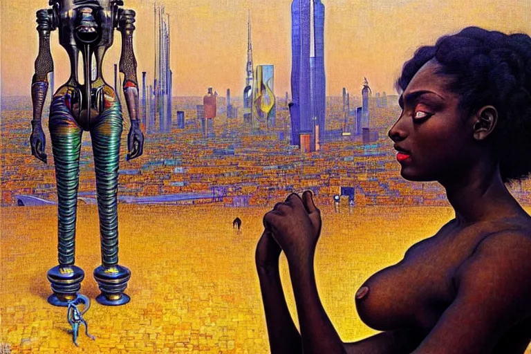 Prompt: realistic extremely detailed portrait painting of a beautiful black woman with a robot, city street on background by Jean Delville, Amano, Yves Tanguy, Ilya Repin, William Holman Hunt, Alphonse Mucha, Ernst Haeckel, Edward Robert Hughes, Roger Dean, rich moody colours