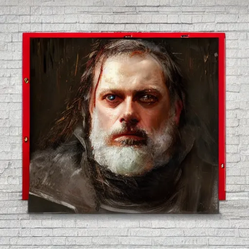 Image similar to Solomon Joseph Solomon and Richard Schmid and Jeremy Lipking victorian genre painting portrait painting of a old rugged movie actor medieval knight character in fantasy costume, red background