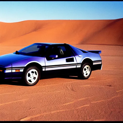 Image similar to 1 9 8 6 pontiac fiero, in the desert, film still, arriflex 3 5