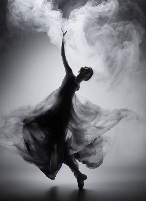 Image similar to a Photorealistic dramatic hyperrealistic render of a beautiful Female smoke dancer by Ken Brower and Deborah Ory of NYC Dance project,Lois Greenfield,Flowing cloth and smoke,Beautiful dynamic dramatic dark moody lighting,volumetric,shadows,cinematic atmosphere,Octane render,8K