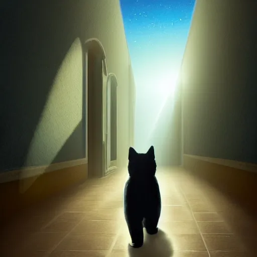 Image similar to a cat that is walking down a hallway, egyptian art by hanns katz, pixabay contest winner, magical realism, anamorphic lens flare, storybook illustration, matte painting