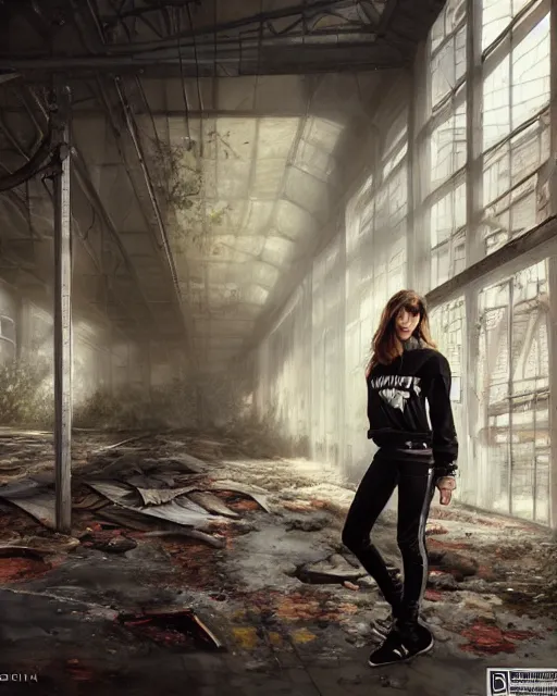 Image similar to daniel gerhartz and artgerm portrait digital realist painting of a beautiful woman wearing streetwear clothing, abandoned warehouse interior in the background, unreal engine, hyper realism, realistic shading, cinematic composition, realistic render, octane render, detailed textures, photorealistic, ultrawide shot, 3 5 mm film