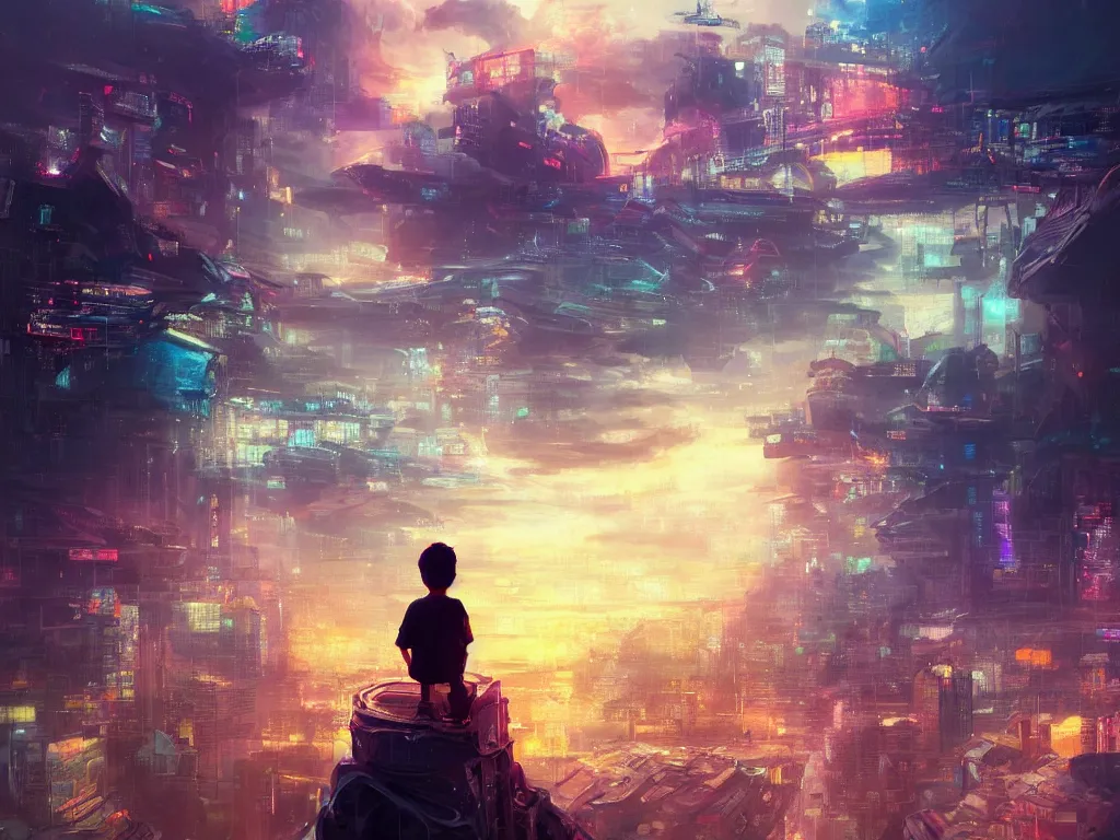 Prompt: a painting of a boy on top of a building watching a colorful sunrise futuristic city surrounded by clouds, cyberpunk art by yoshitaka amano and alena aenami, cg society contest winner, retrofuturism, matte painting, apocalypse landscape, cityscape