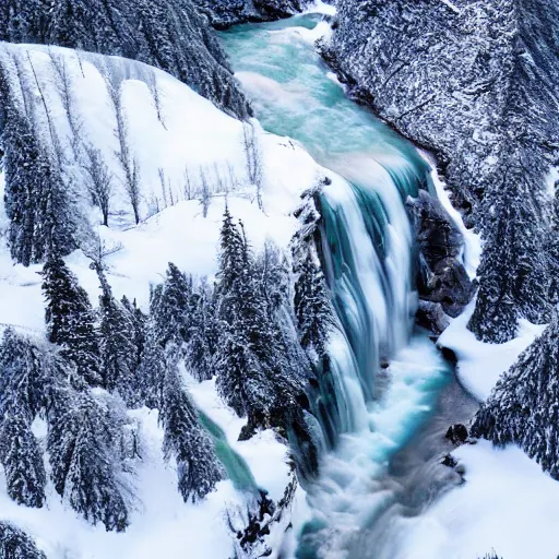 Image similar to British Columbia mountain valley, scenery, winter, helicopter view, hyper realistic, epic, frozen waterfall