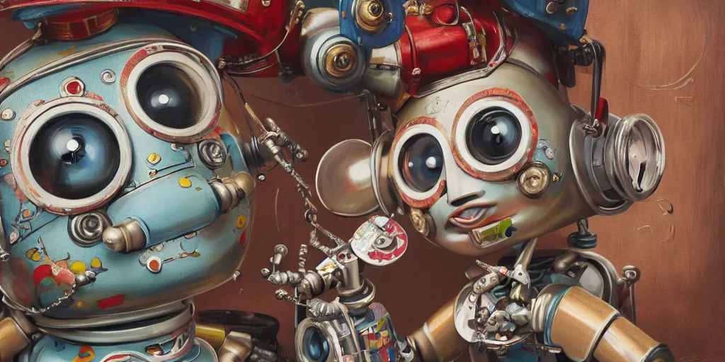 Image similar to closeup portrait of tin toy retro robot artist painting in a workshop, depth of field, zeiss lens, detailed, centered, fashion photoshoot, by nicoletta ceccoli, mark ryden, lostfish, breathtaking, 8 k resolution, extremely detailed, beautiful, establishing shot, artistic, hyperrealistic, octane render