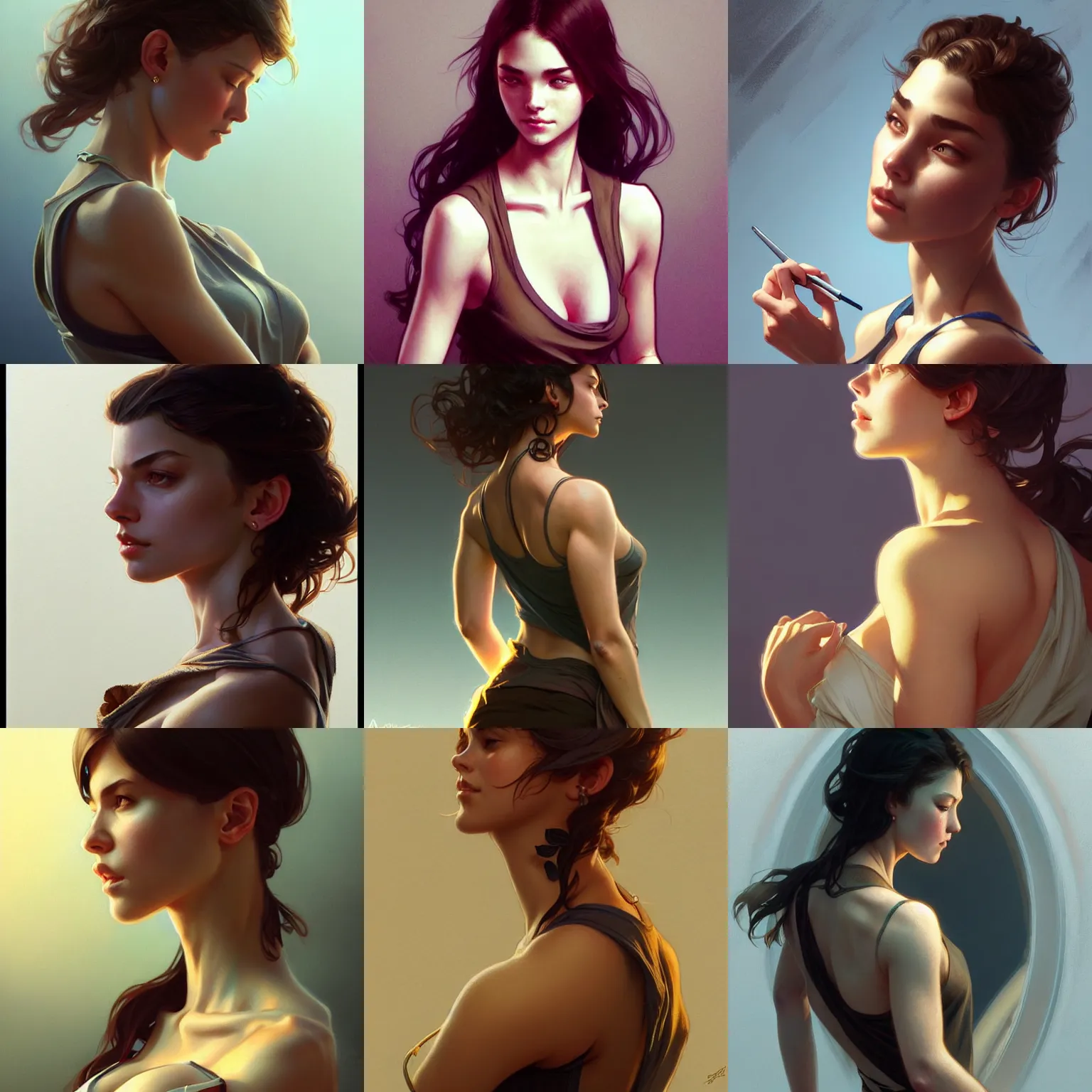 Prompt: girl wearing a low-cut tanktop, elegant, highly detailed, digital painting, artstation, concept art, smooth, sharp focus, illustration, art by artgerm and greg rutkowski and alphonse mucha