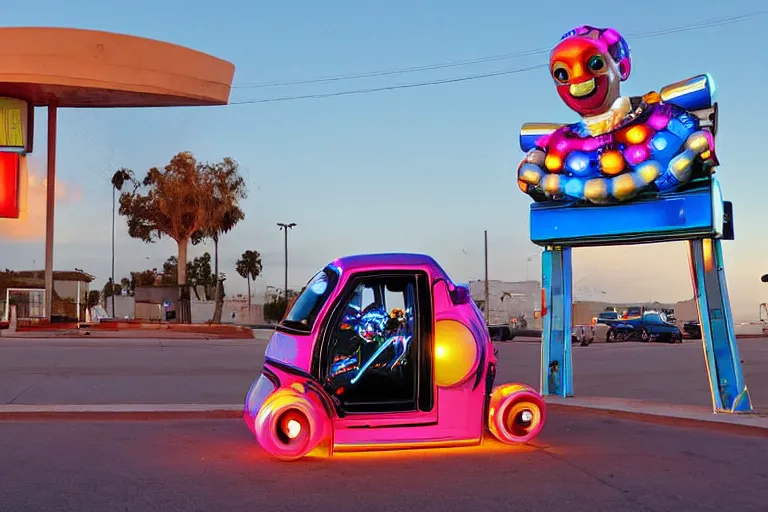 Prompt: clown - robot relaxing at a california drive in, in 2 0 1 2, cutecore clowncore, bathed in the the glow of the sunset, low - light photograph, in style of tyler mitchell