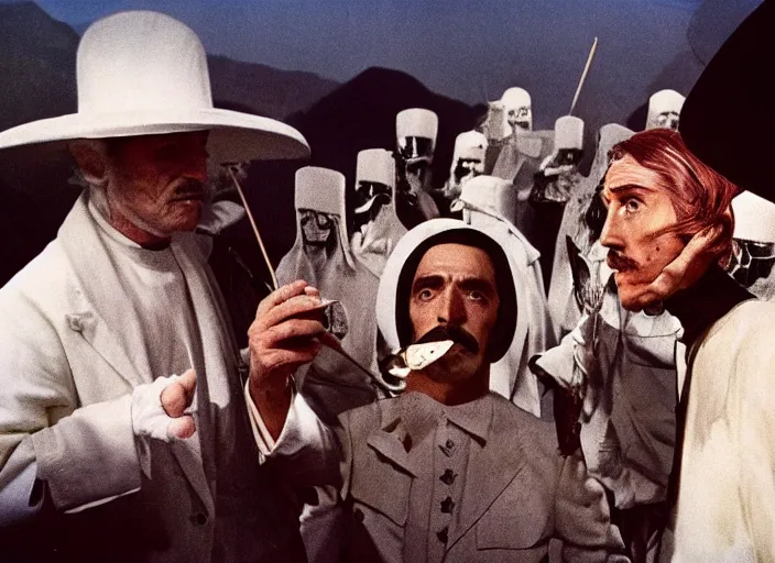 Image similar to 7 0 mm still from the holy mountain film by alejandro jodorowsky, intense scene in a picturesque outdoors setting, extra terrestrial beings in suits holding mirrors for people, close - up view of the actors'faces, technicolor, 8 k