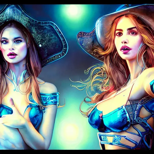 Image similar to sofia vergara and ana de armas double portrait futuristic cyberpunk cowgirls, neon light rooftop, fantasy, intricate and very beautiful and elegant, highly detailed, digital painting, artstation, concept art, smooth and sharp focus, tight fit, leather, illustration, art by tan zi and ayanamikodon and alphonse mucha and wlop