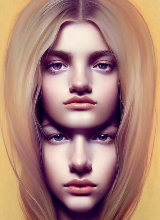 Image similar to beautifully symmetrical face, portrait of young woman blessed with ever - increasing physical and mental perfection, realism, blonde hair, plush lips, perfect face!! intricate, elegant, highly detailed, vision of holy perfection!! digital painting, artstation, concept art, smooth, sharp focus, illustration, humanity, art by artgerm and greg rutkowski and alphonse mucha