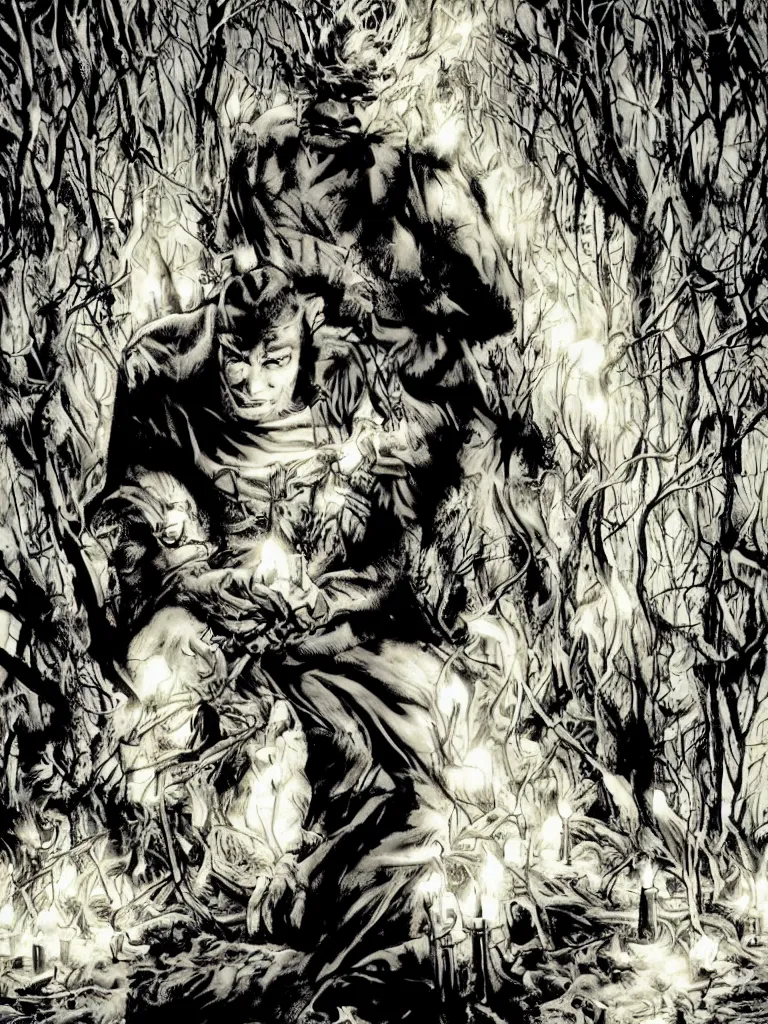 Prompt: sandman surrounded by candles in a deserted forest by lee bermejo