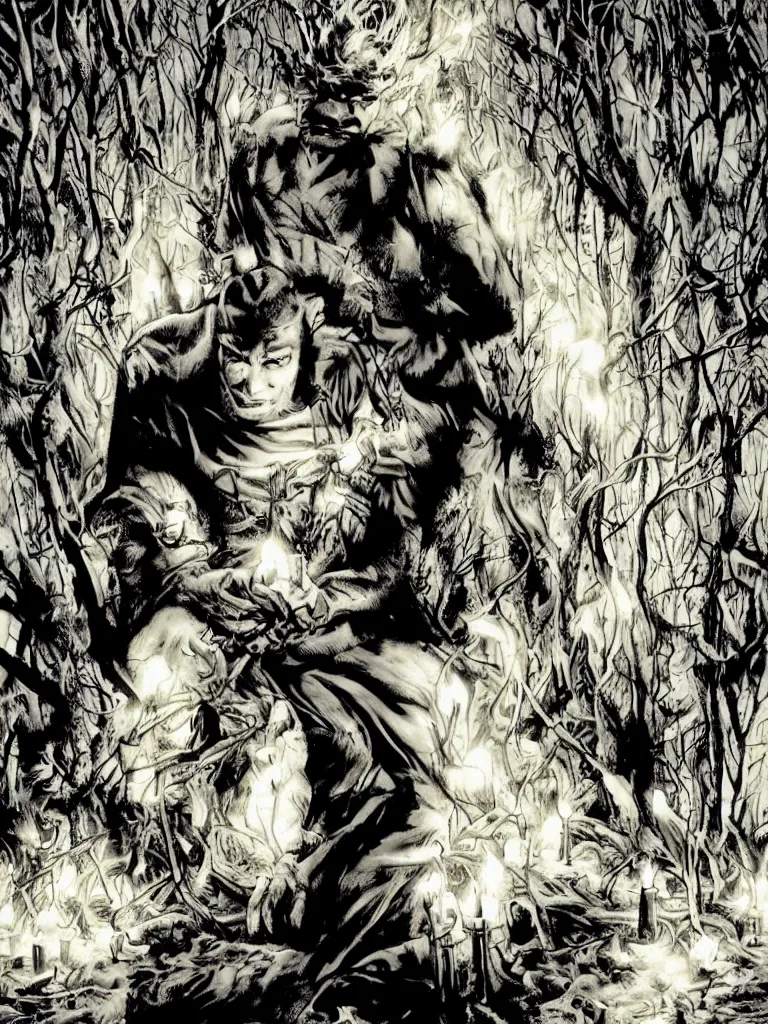 Image similar to sandman surrounded by candles in a deserted forest by lee bermejo