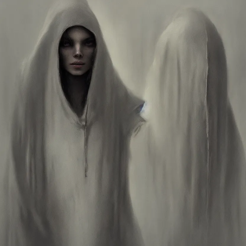 Image similar to Portrait of a young woman wearing a hooded robe, anatomically correct, perfect face, cinematic shot, unique, intricate, elegant, highly detailed digital painting, trending on Artstation, concept art, smooth, sharp focus, illustration and art by Beksinski