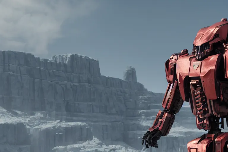 Image similar to a cinematic still from Westworld, red mech, armored core, octane render, nvidia raytracing demo, masterpiece