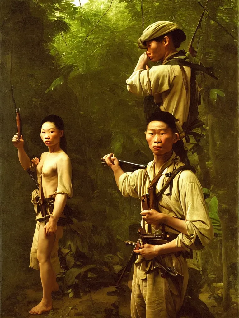 Prompt: portrait of a vietcong soldier, majestic, in the jungle, fine art portrait painting, strong light, fashion, clair obscur, by caravaggio, by johannes vermeer, by jean honore fragonard, by peter paul rubbens, by bouguereau