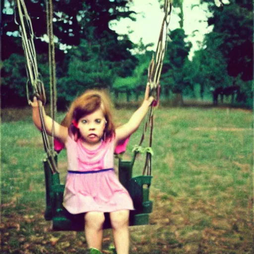 Prompt: grunge disposable camera photo of a little girl on a swing | horror | nightmare