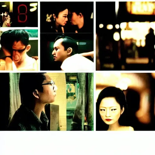 Image similar to wong kar wai love movie scene. wide angle 9 mm lens