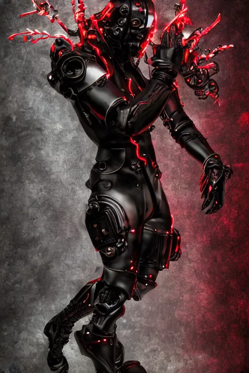 Image similar to full-body cyberpunk style sculpture of a young handsome dark god of battle, half android with a head opening exposing circuitry, glowing red eyes, black roses, flowing blood-red colored silk, fabric, candles. baroque elements, genetically augmented cyborg male. full-length view. baroque element. intricate artwork by caravaggio. Trending on artstation, octane render, cinematic lighting from the right, hyper realism, octane render, 8k, depth of field, 3D