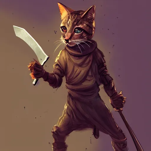 Image similar to humanoid homeless cat wearing rags, wielding a broadsword, concept art, d & d, fantasy, trending on artstation