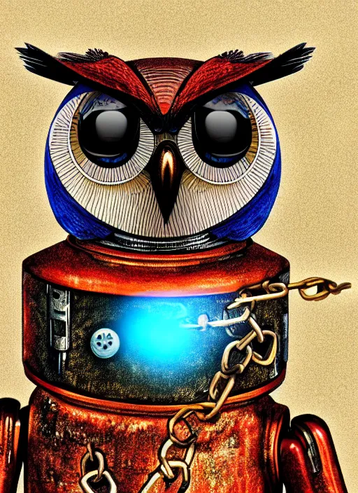 Image similar to colored pencil and pen drawing of an animatronic robot owl, bird made from rusty old keys and padlocks, space background, 8 k photorender realityengine